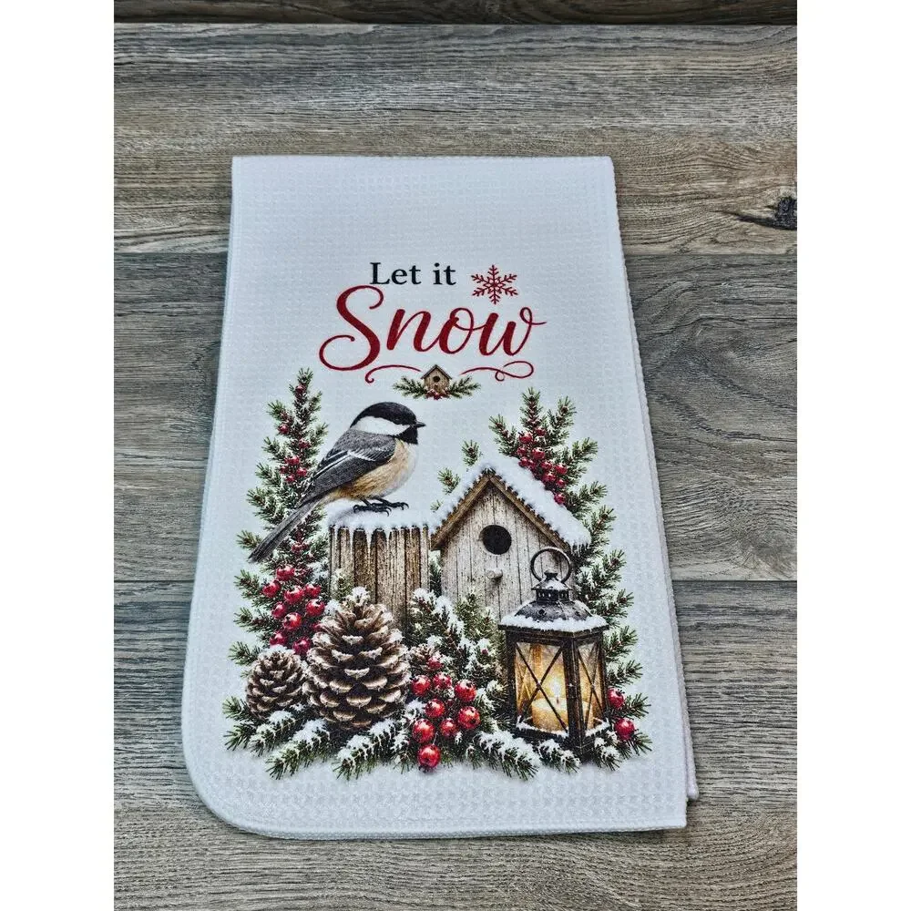 Let It Snow Chickadee Winter Kitchen Towel Rustic Farmhouse Birdhouse Decor